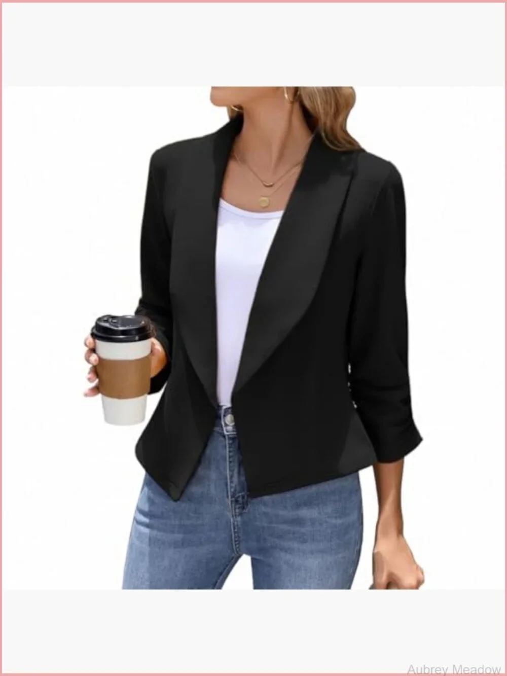 Casual Open Front Blazer 3/4 Sleeve Slim Fit Lightweight Work Jacket